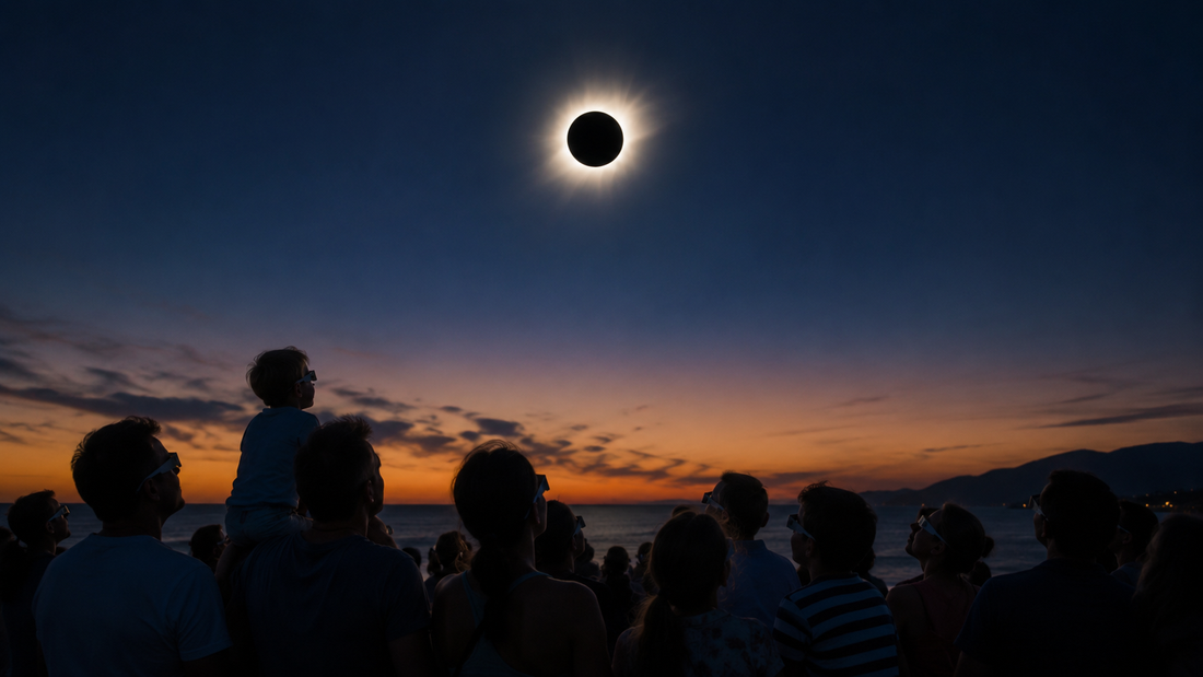 Foule observant l'éclipse solaire totale avec des lunettes d'éclipse certifiées au coucher du soleil